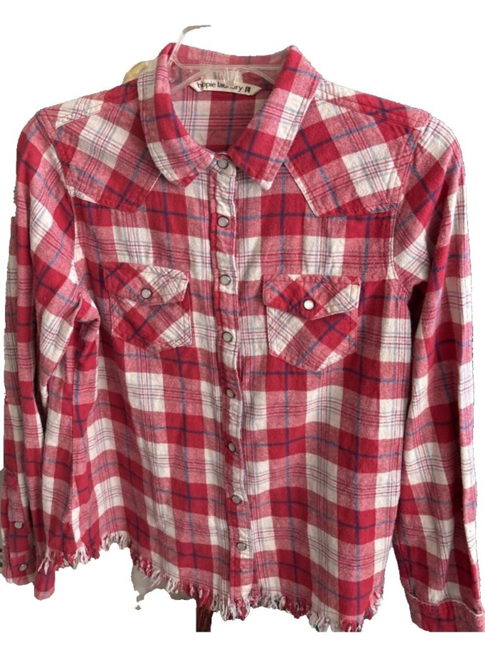 Hippie Laundry Shirt Women's Large Red Plaid Fringe Hem Western Pearl Buttons